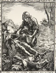 Arturo entrega Excalibur a Sir Bedevere, ilustración de 